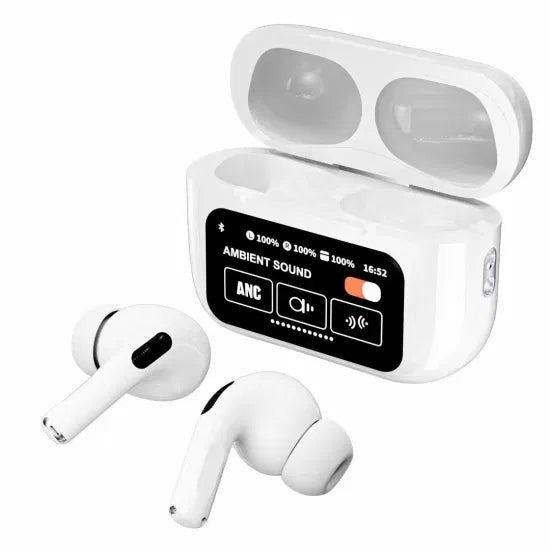 White A9 Pro ANC AirPods with Screen | Bluetooth 5.4 Advanced noise cancellation and long battery life